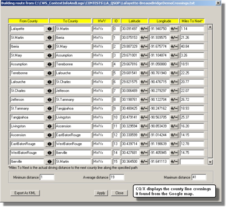 Crossing results are shown in this dialog