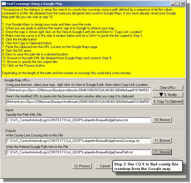 Dialog used to find the crossings